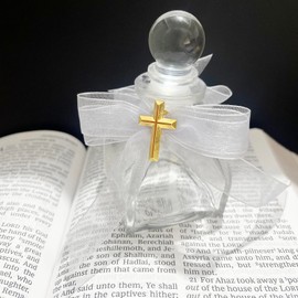 lulucross 50ml Glass Holy Water Bottle, St. Joseph Oil Bottle with Cross and White Ribbon, Christian Easter Baptism Catholic Blessing First Communion Gift for Catholic Believers