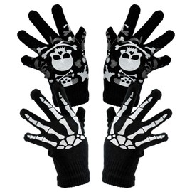 Basic Sense 2 Pairs Skeleton Skull Full Finger Gloves Kids Teens Fancy Costume Accessory Winter Sports Warm Knit Glove