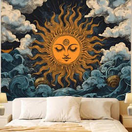 FENDROM Hippie Burning Sun Tapestry Wall Hanging for Bedroom Aesthetic,Vintage India Boho Sunflowers Clounds Constellation Tapestries for Bedroom Living Room Dorm