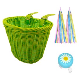 Alreczio Kids Bike Basket Set,Girl Bike Basket Handwoven,Bike Baskets for Kids,Install Detachable,Fits Most Bikes,Stationary Bike, Ebike, Road Bike ﻿(Green) ﻿