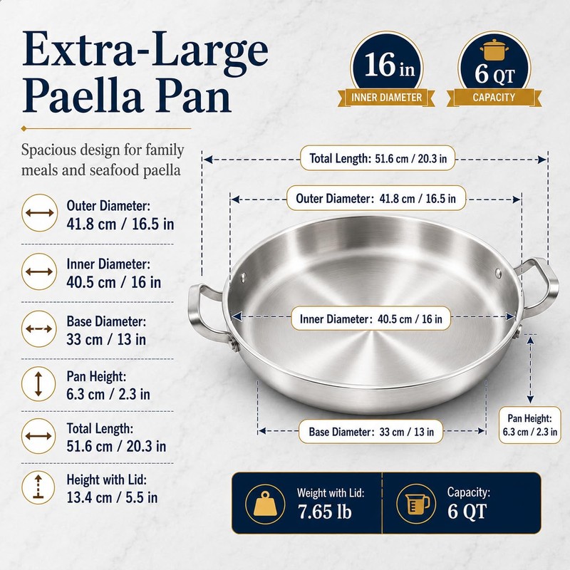 Yeksum 16 Inch Stainless Steel Paella Pan,18/10 Large Skillet，Frying Pan
