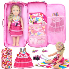 K.T. Fancy 6 Pcs 18 Inch Doll Carrier Bag Set and Accessories Including Girl Doll Clothes, Hair Clip, Picnic Blanket, Mini Toy Camera