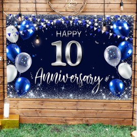 Happy 10th Anniversary Backdrop Banner Decor Navy Blue – Silver Glitter Happy 10 Years Wedding Anniversary Party Theme Decorations for Women Men Supplies