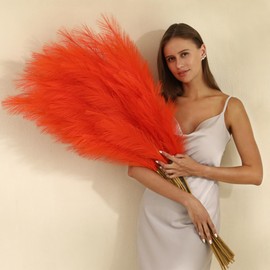 Wertuirk Orange Pampas Grass Decor- 45-Inch Set of 8 | Tall Faux Pampas Grass Soft and Fluffy | Large Artificial Pompas Floral | Perfect for Living Room, Office and Wedding Party Centerpieces