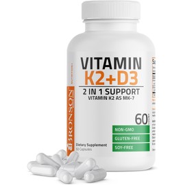 Bronson Vitamin K2 D3 (MK7) Supplement Non-GMO Formula Vitamin D3 5000IU (125 mcg) & 90 mcg K2 MK-7, Easy to Swallow D & K Complex, 60 Capsules