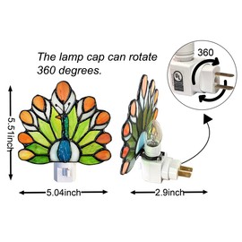 WKINGDIY Tiffany Stained Glass Peacock Night Light WKD1003 (Green、Orange) Tiffany Glass Night Light, Peacock Pattern, Stained