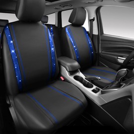 CAR PASS Bling Car Seat Covers Full Set, Shining Rhinestone Diamond Waterproof Faux Leather, Rear with Zipper, Universal Fit Automotive Glitter Crystal Sparkle Strips for Cute Women Girl, Blue