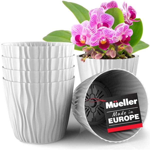 Mueller Austria Plant and Flower Pot 6/1 Set, Heavy Duty 6 Inch European Made Stylish Indoor/Outdoor Decorative Planter, for All House Plants, Flowers, Herbs, White