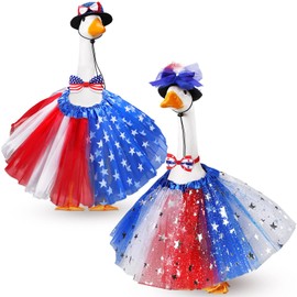 Locmeo 2 Set Independence Day Goose Outfit 4th of July Patriotic Hats Flag Bowties Tutu Skirts Costume for 23" Cement Plastic Porch Goose