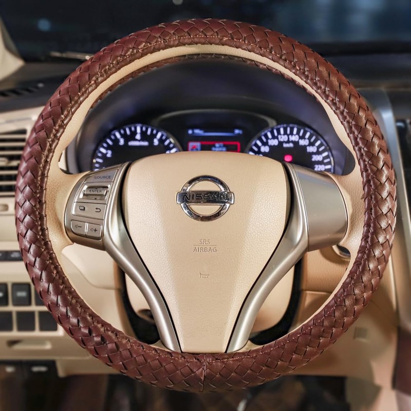 Men Steering Wheel Cover Leather for Car Brown Hand-Made Wheel