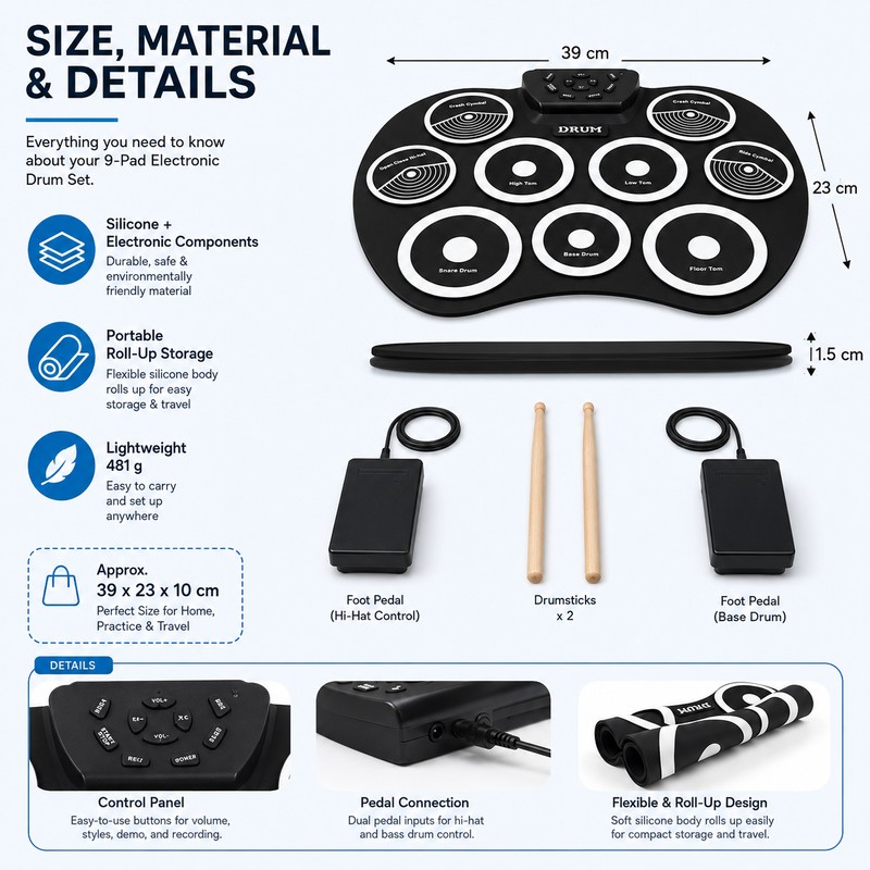Portable Electronic Drum Set for Beginners – 9-Pad Roll-Up MIDI