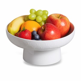 ONEMORE Ceramic Fruit Bowl, 10" Large White Fruit Bowl for Kitchen Counter with Draining Holes & Removable Pedestal, Modern Footed Fruit Bowls, Pedestal Decorative Bowl for Vegetables, Snacks, Keys