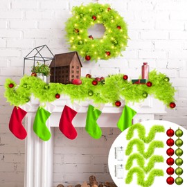 Jutom 24ft Christmas Lime Green Garland Lighted Green Long Feather Boa Xmas Tree Furry Garland with 16 Red Green Balls and Light Strings for Christmas Tree Fireplace Costume DIY Craft Party Decoration