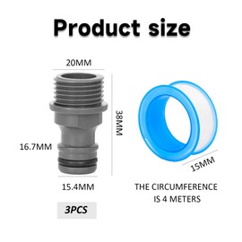 MEMOFYND Pack of 3 G1/2 Garden Hose Male Thread Quick Coupling with 1 Piece 4 Metre Long Waterproof Tape for Garden Hose Tap Adapter Tap Hose Connection