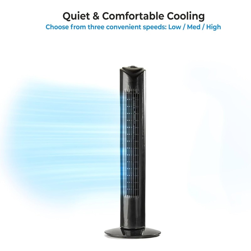 EZ-CHILL 32" 3-Speed Oscillating Portable Tower Fan, 90 Degree Oscillation,