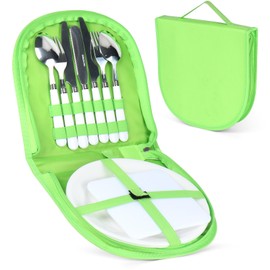 XTKS Camping Silverware Set with Case Utensil Camping Picnic Cutlery Kit Camping Mess Kit- 11 Pcs Mess Kit for 2 White Plate Spoon and Serrated Knife Fork