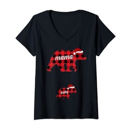 Womens Pregnant Women Mama Bear Pregnancy Christmas Pajamas V-Neck T-Shirt