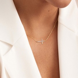 GUOKE Cross Necklace for Women, Sideways Gold Cross Necklace 14K Gold Plated Cubic Zirconia Cross Pendant Necklace Simple Jewelry for Women