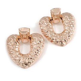 Large Hammered Heart Drop Clip-On Earrings/Rose Gold Tone Metal/ 60mm L