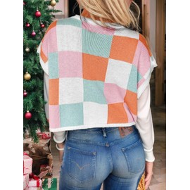 WIFFGO Womens Tops Crop Sweaters Vest Tank Color Block Cap Sleeve Crew Neck Going Out Loose Flowy Trendy Tops for Women Pink