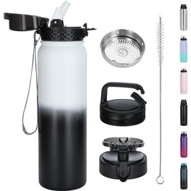 OLDLEY Botella de Agua aislada con Pajita, de Acero Inoxidable de 32 oz, con 3 Tapas, de Doble Pared, térmica al vacío, para niños, Adultos, Deportes