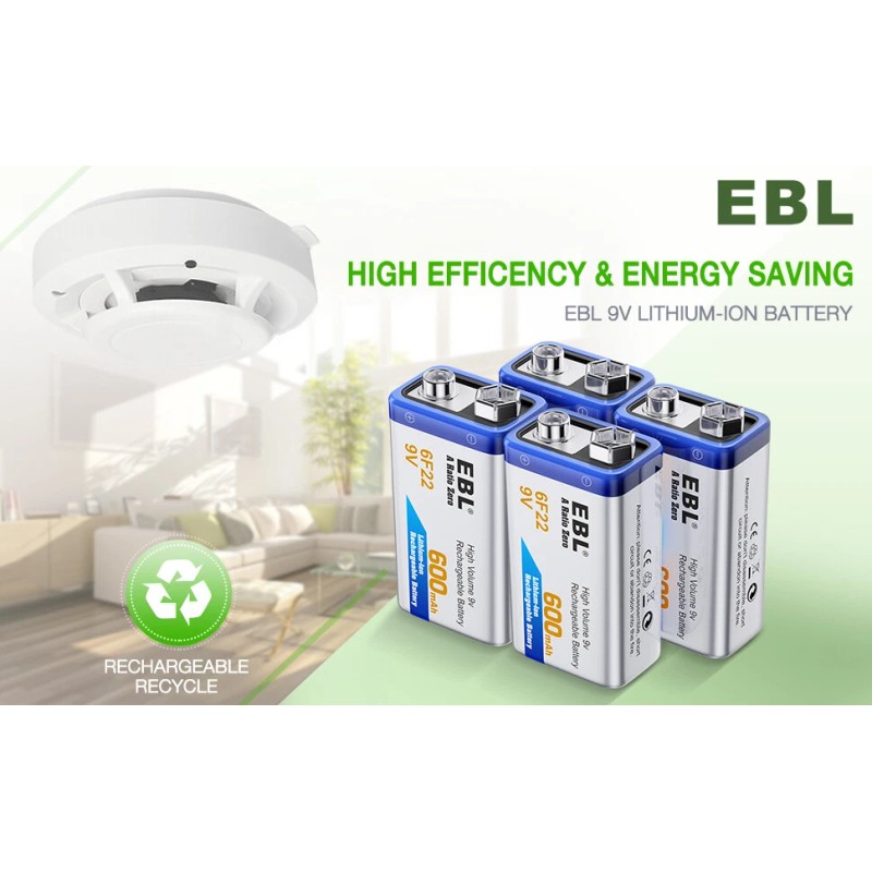 EBL 2Pcs EBL 9V 600mAh 6F22 Li-ion Rechargeable Batteries 9Volt