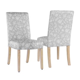 HomePop Scalloped Detail Dining Chair|Upholstered Parsons Dining Chairs |Decorative Home Furniture, Light Gray Floral with Animal Motifs (Set of 2)