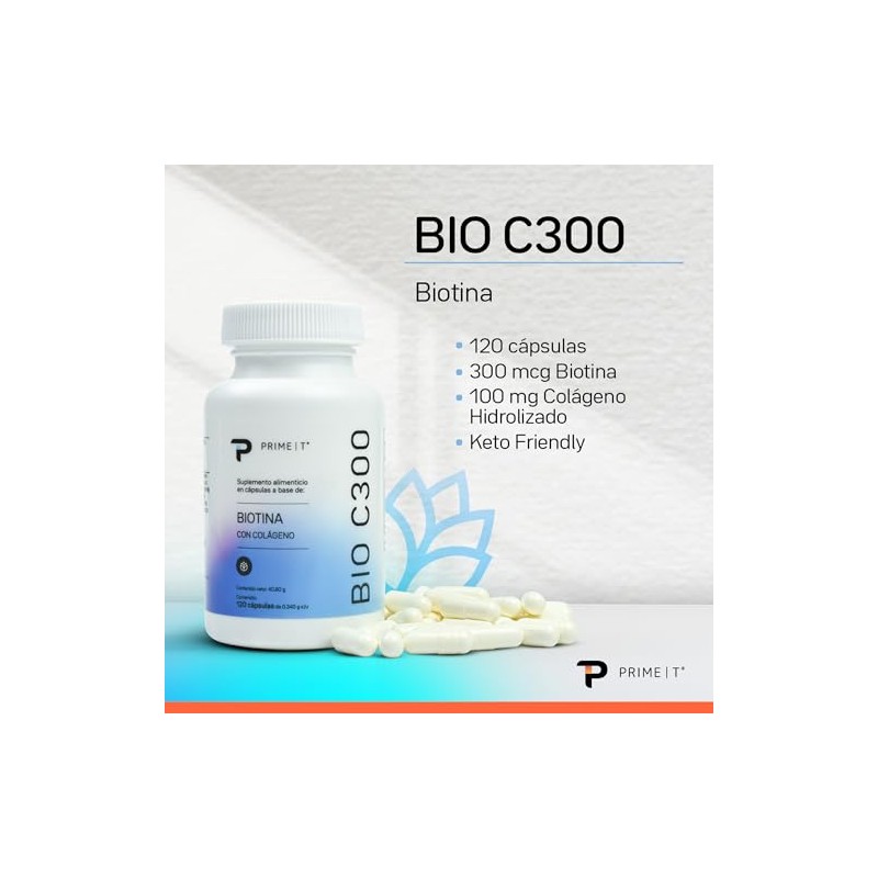 Primetech Nutrition Biotina Colágeno 120 Cápsulas 300 Mcg Suplemento Bio