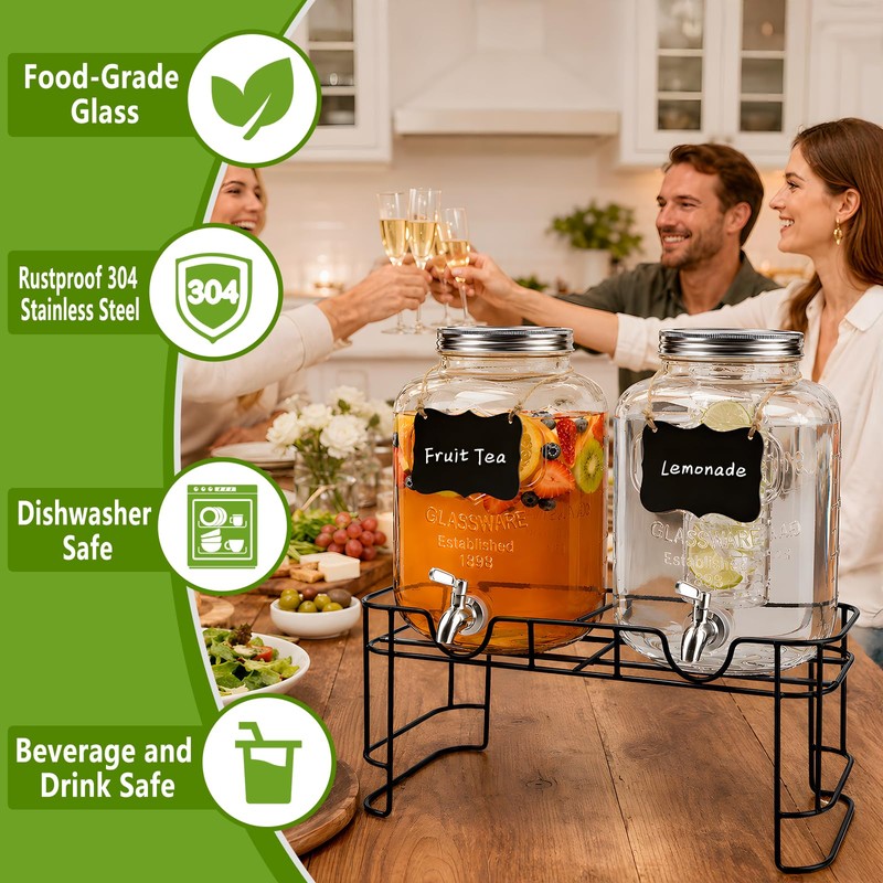 BPFY 2 Pack 1.5 Gallon Glass Drink Dispenser with Stand,