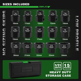 TecoTek 15-Piece 1/2-Inch Drive Metric Low Profile Impact Socket Set, Stubby Socket Set, 10mm-24mm, No Skips Sizes, 6 Point, Cr-Mo, Shorter Socket for Tight Areas