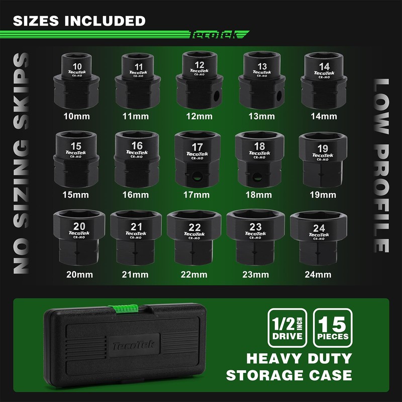 TecoTek 15-Piece 1/2-Inch Drive Metric Low Profile Impact Socket Set,