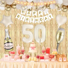 White Gold 50th Birthday Decorations,White Gold Happy 50th Birthday Balloons Banner,Heart Star Foil Balloons,Curtains,LED Light for 50th Birthday Women Men Anniversary Party Supplies Decor Cheer 50