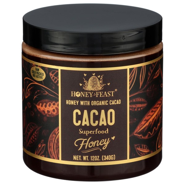 HONEY FEAST Raw Honey with Organic Cacao, 12oz | Chocolate Honey | Gourmet Cocoa Flavor | Raw Cacao Superfood Blend | Perfect for Foodies & Gifts | Sustainable Central Florida Apiary