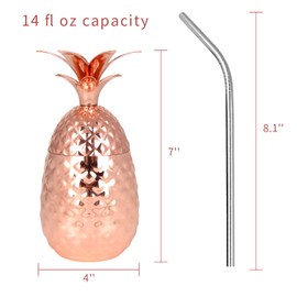 Vastigo Stainless Steel Pineapple Cup with Straw & Lid- 14oz Copper Plated Metal Pineapple, Bar Accessories for Summer, Cocktail Cups Gifts (Happy birthday)