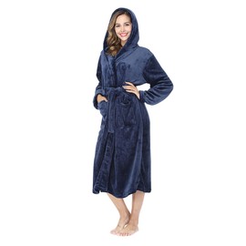 RONGTAI Womens Long Robes Plush Fleece Nightgown Thick Hooded Bathrobe with Pockets Fluffy Sleepwear for Men （XX-Large,Navy Blue）