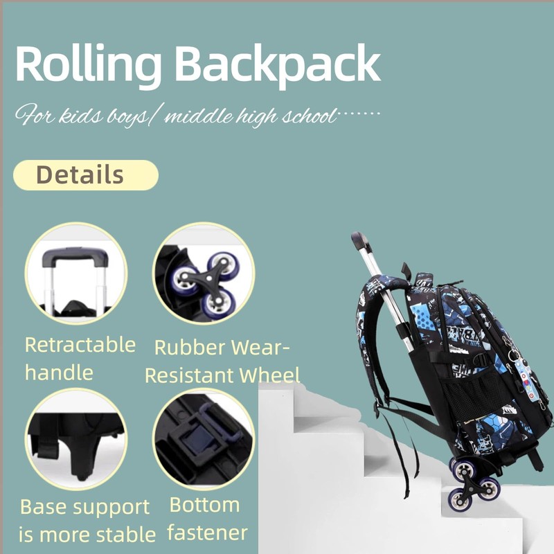 VIDOSCLA Graffiti Rolling Backpack Kids Schoolbag with Wheels Trolly BookBag