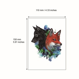 SanerLian Wolf Fox Temporary Tattoo Sticker Waterproof Adult Men Women Watercolor Vintage Back Chest Shoulder 15X11cm Set of 2
