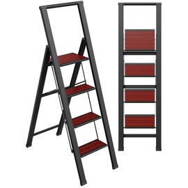 Step Ladder 4 Step Folding, Decorative - Beautiful Mahogany & Black Aluminum, Ultra Slim Profile, Anti Slip Steps, Sturdy-Portable for Home, Office, Kitchen, Photography Use,by SORFEY