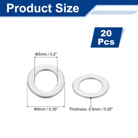uxcell 20 Pcs M5 Flat Washer, 5x9x0.5mm 304 Stainless Steel Flat Spacers for Screw, Bolt, Automotive, Industrial Machinery