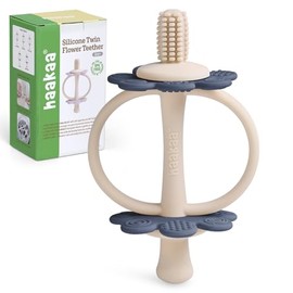 haakaa - Mordedor de silicona de doble flor, extremo en forma de pezón para masaje de encías, cabeza de cepillo para polvo de dientes de bebé de 360° para entrenamiento de auto-cepillado, fácil de
