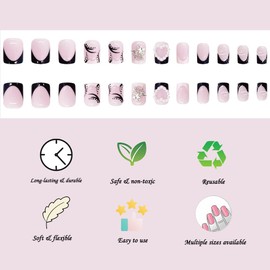 White Square Press on Nails French Tip Short Medium Stick on Nails Black Cute Fake Nails with Pearl Heart Rhinestone Start Black Leaves Designs for Women Acrylic Nail for Wedding Birthday Prom 24pcs