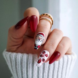 Christmas Press on Nails Medium Almond Fake Nails with Santa Claus Design Red Gift Glue on Nails Wine Red Stick on Nails Xmas False Nails for Women Girls Winter Holiday Manicure 24pcs