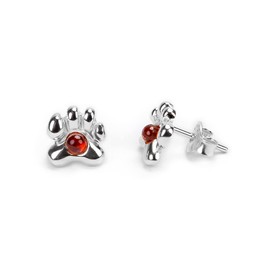 Paw Print Stud Earrings in 925 Solid Sterling Silver and Baltic Amber, Cat Dog Earrings, Paw Print Gifts