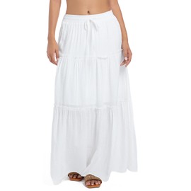 Wrotorea 2025 Summer Long Maxi Skirt for Women Casual Elastic Waist A-Line Boho Beach Long Skirts (S, White)