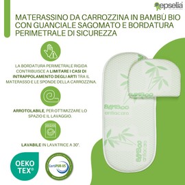EPSELIA Organic Bamboo Mattress for Pram with Pillow Certification Against Choking Hazard EN16890:2017, Structure with Ventilation Holes, Mite-Proof, Oeko-Tex® Certipur™