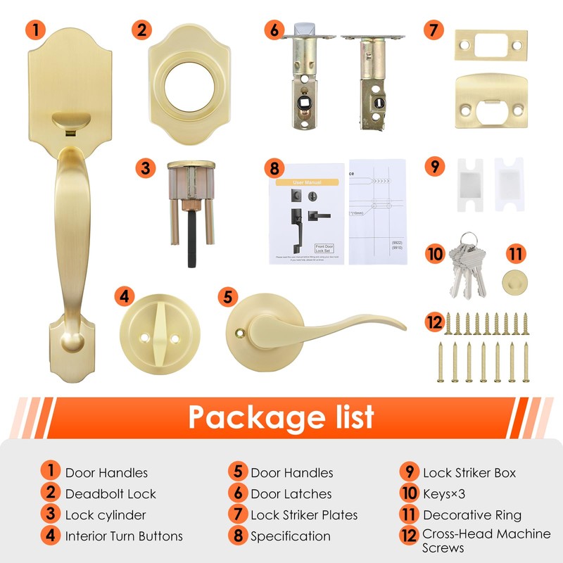 Haidms Gold Front Door Handle and Deadbolt Set, Front Door