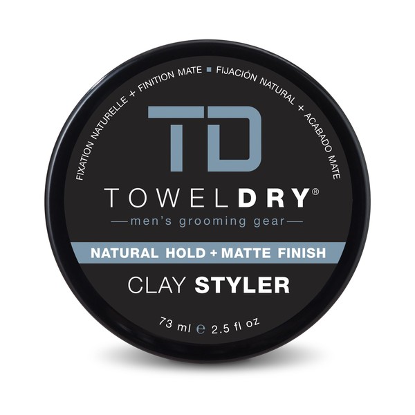 TOWELDRY Clay Styler Natural Hold + Matte Finish - Men's Hair Styling Clay Pomade - 5/10 Hold - Fragrance Free Texture - Easy Washout Formula - Men's Grooming Gear, Made in USA, 2.5 fl oz (73ml)