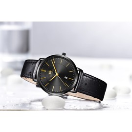 Ladies Watches ，Genuine Leather Strap Waterproof Watches for Women Quartz Casual Watch for Women, Calendar Women's Watches Chronograph Women's Wrist Watches (Black Band Black dial)