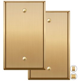 Rio Salto Metal Gold MIDSIZE Blank Wall Plate, Blank Outlet Cover Unused Outlets Wall Switch 1-Gang Covers Child Safe Device Outlet Safety, Genuine Brushed Brass 4.92" x 3.15" 2-Pack