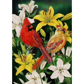 Furiaz Decorative Cardinal Flower Spring Small Garden Flag Double Sided, Red Yellow Birds Home Floral Lily Burlap Outside House Yard Decoration, Summer Green Seasonal Outdoor Décor Flag 12.5 x 18